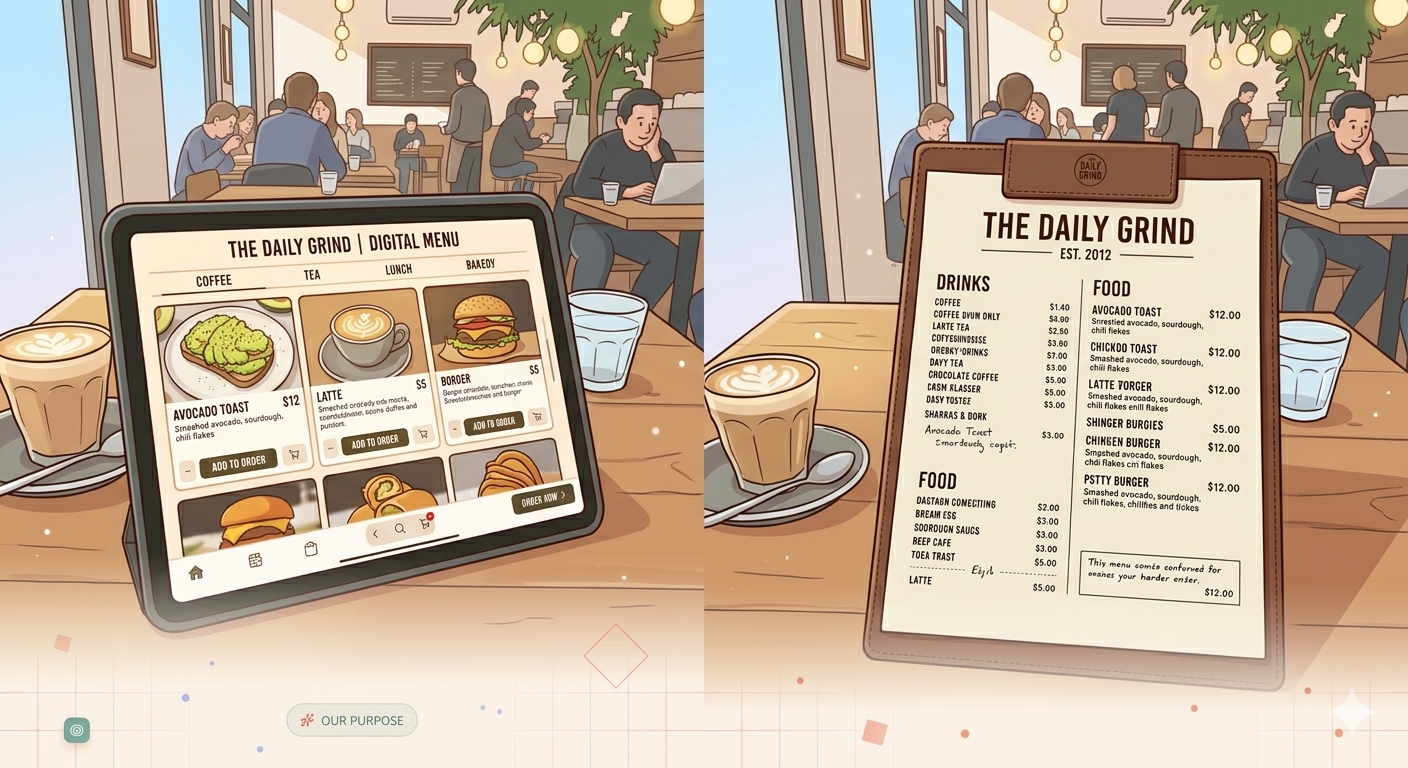 Side by side comparison of a digital QR menu and a paper menu at a Lebanese restaurant
