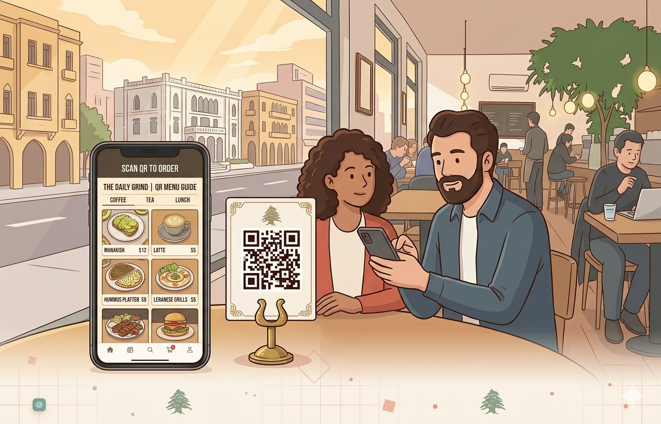 QR code menu displayed on a restaurant table in Beirut Lebanon